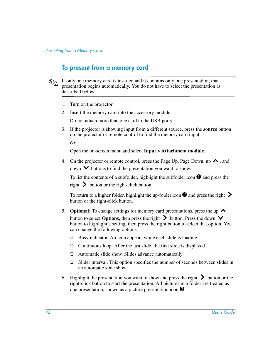 To present from a memory card | HP L1619A User Manual | Page 42 / 72