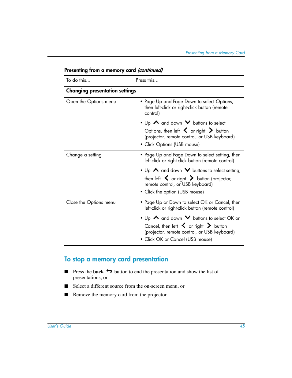 To stop a memory card presentation | HP L1619A User Manual | Page 45 / 72