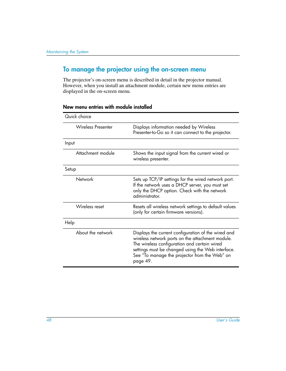 To manage the projector using the on-screen menu | HP L1619A User Manual | Page 48 / 72