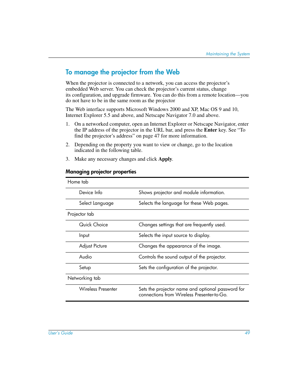 To manage the projector from the web | HP L1619A User Manual | Page 49 / 72