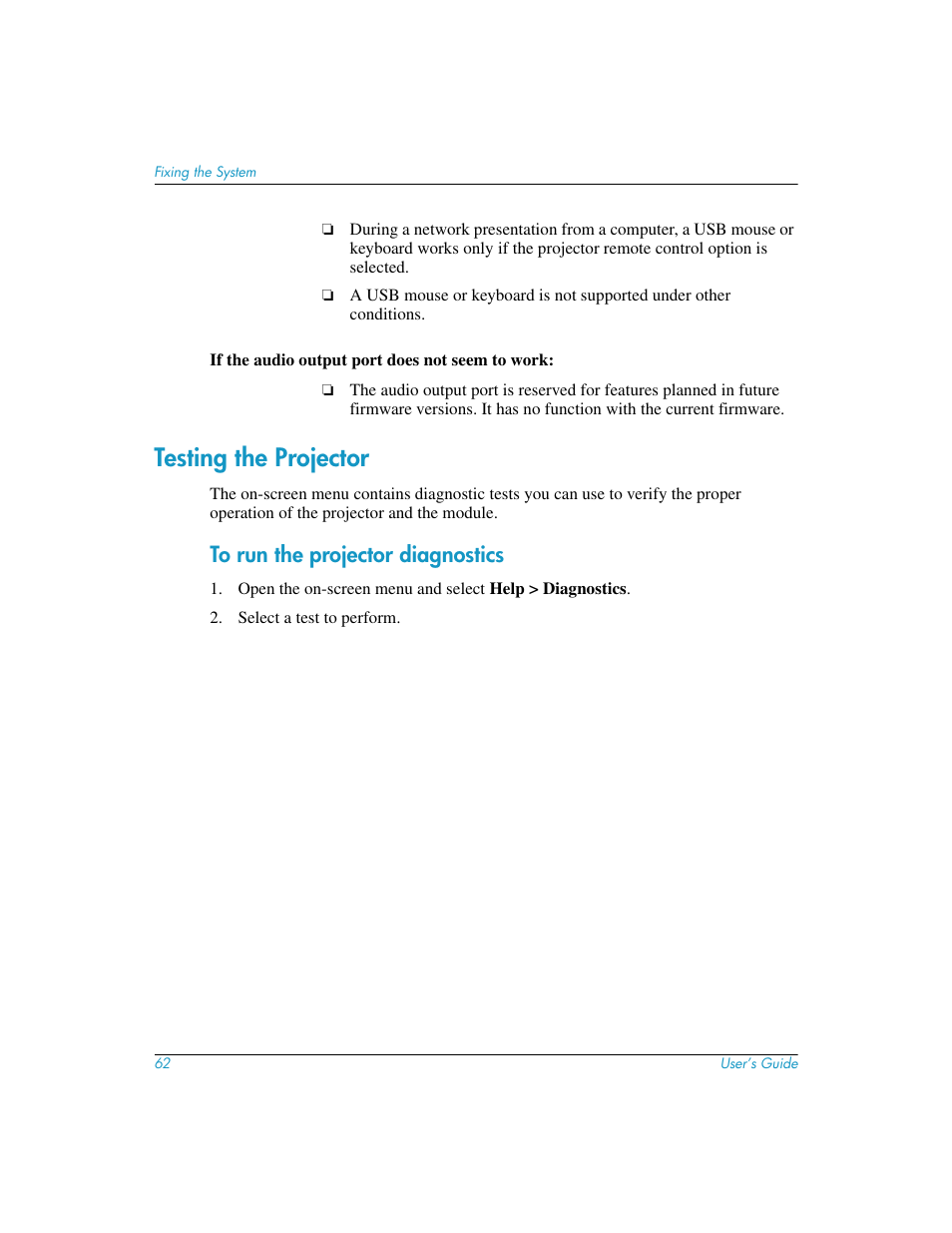 Testing the projector, To run the projector diagnostics | HP L1619A User Manual | Page 62 / 72