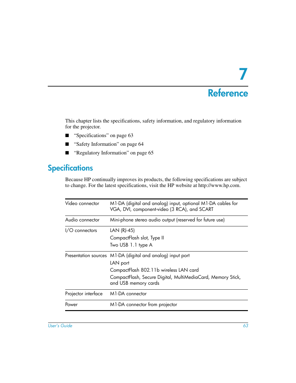 Reference, 7 reference, Specifications | HP L1619A User Manual | Page 63 / 72