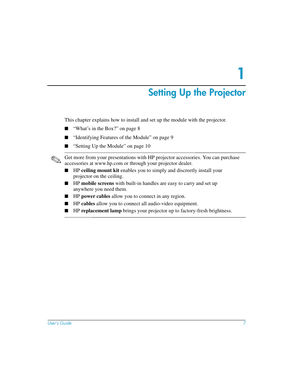 Setting up the projector, 1 setting up the projector | HP L1619A User Manual | Page 7 / 72