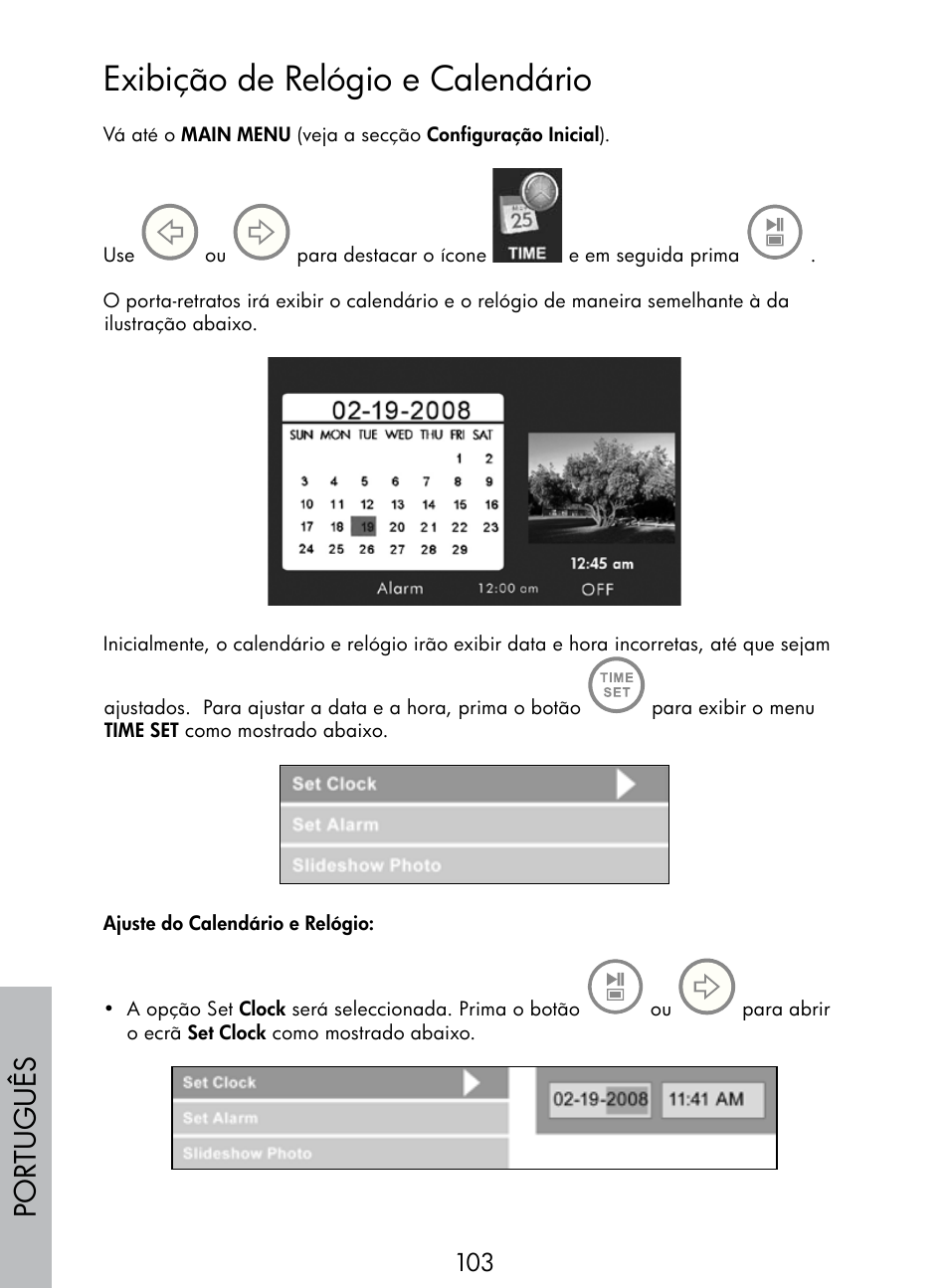 Exibição de relógio e calendário, Por tuguês | HP DF770 User Manual | Page 104 / 356