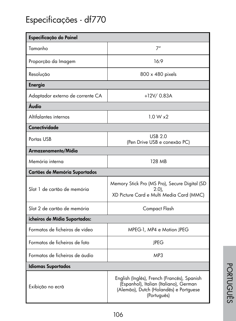 Especificações - df770, Por tuguês | HP DF770 User Manual | Page 107 / 356