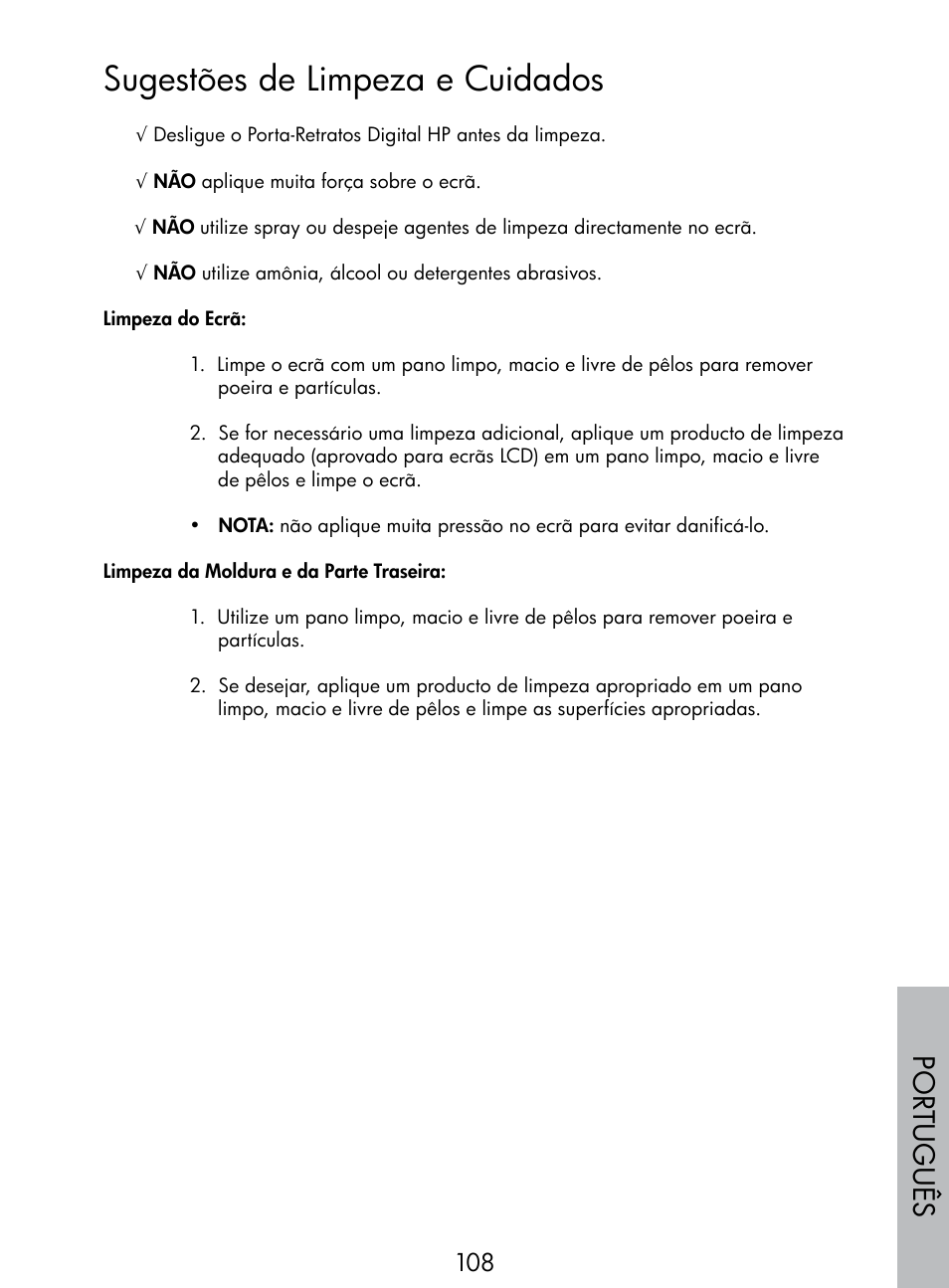 Sugestões de limpeza e cuidados, Por tuguês | HP DF770 User Manual | Page 109 / 356