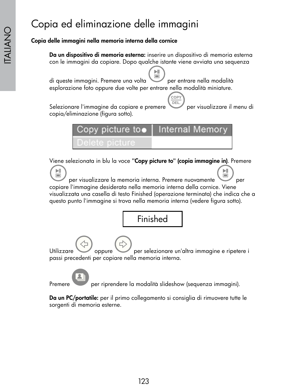 Copia ed eliminazione delle immagini, Italiano, Finished | HP DF770 User Manual | Page 124 / 356