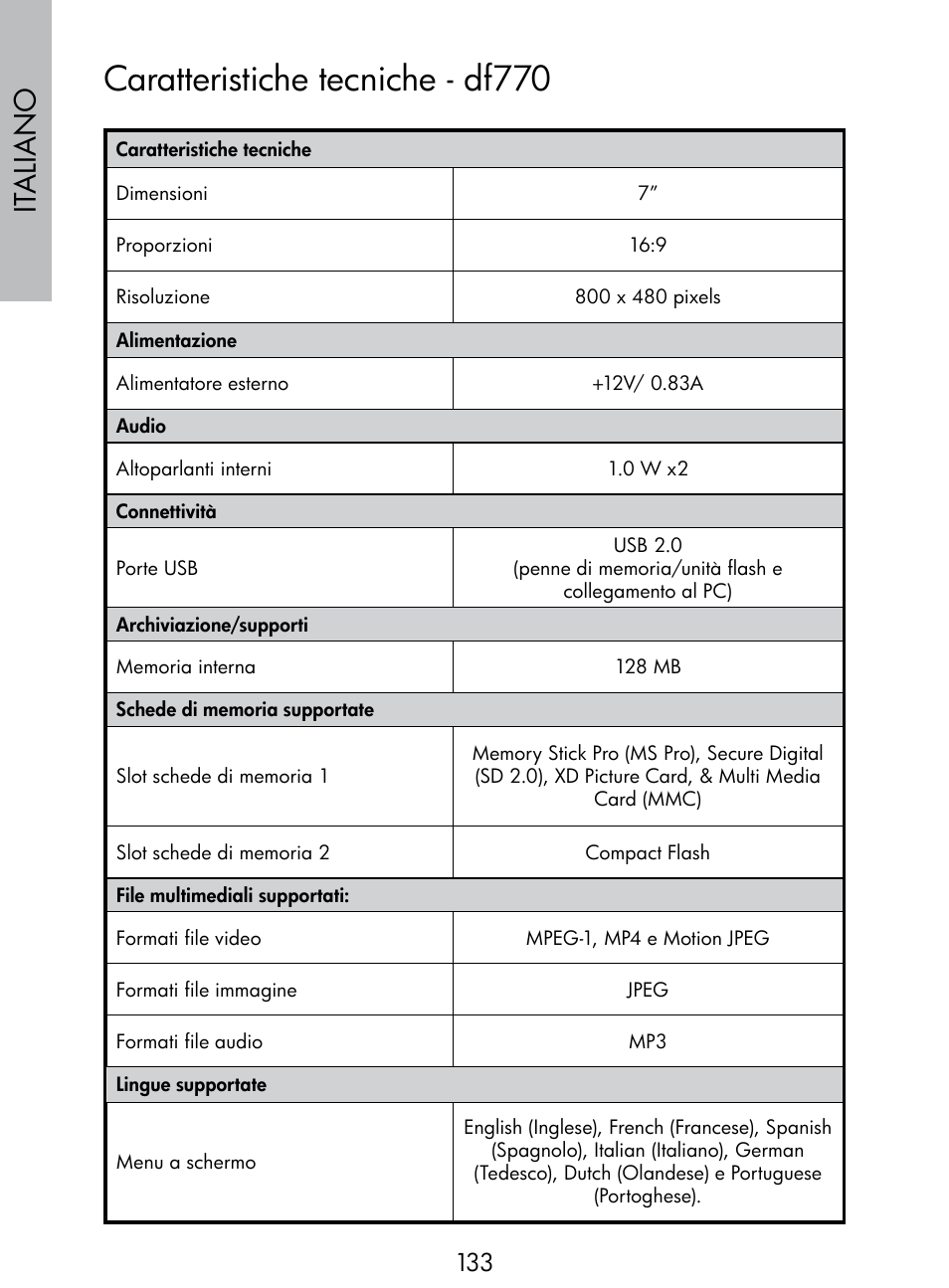 Caratteristiche tecniche - df770, Italiano | HP DF770 User Manual | Page 134 / 356