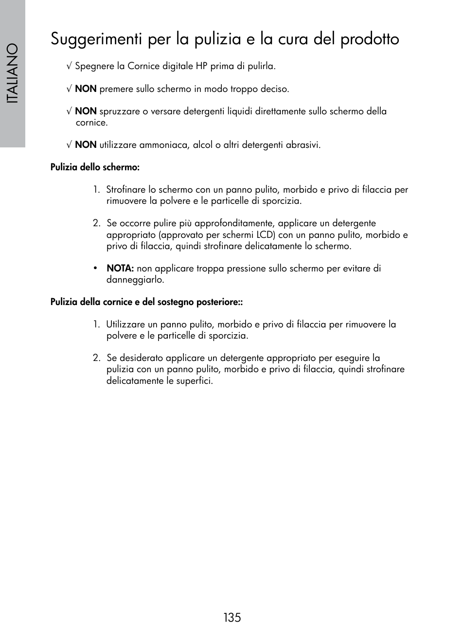 Suggerimenti per la pulizia e la cura del prodotto, Italiano | HP DF770 User Manual | Page 136 / 356