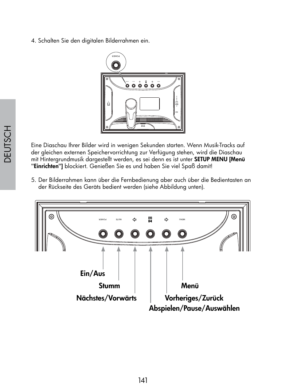 Deutsch, Schalten sie den digitalen bilderrahmen ein | HP DF770 User Manual | Page 142 / 356