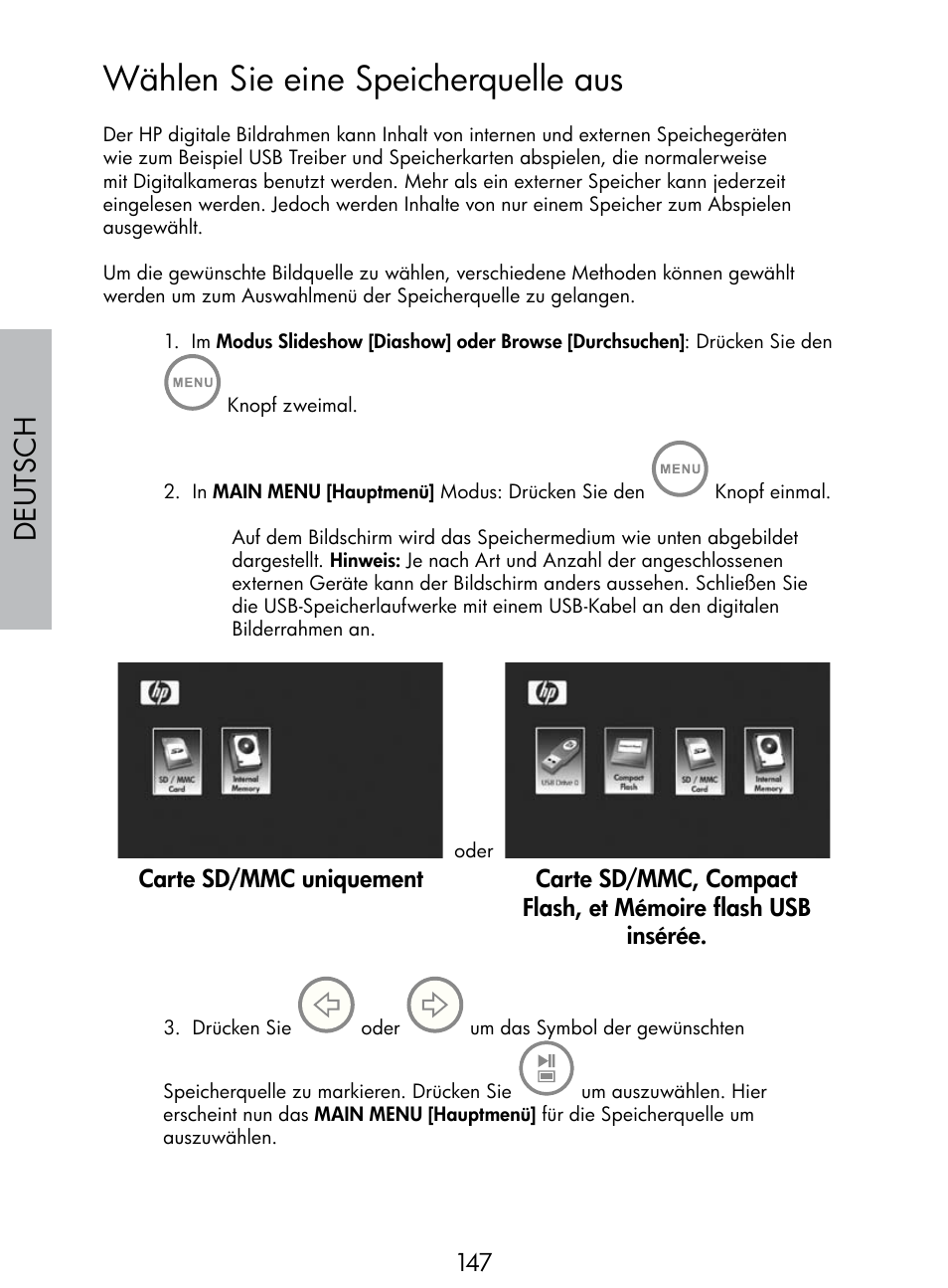 Wählen sie eine speicherquelle aus, Deutsch | HP DF770 User Manual | Page 148 / 356