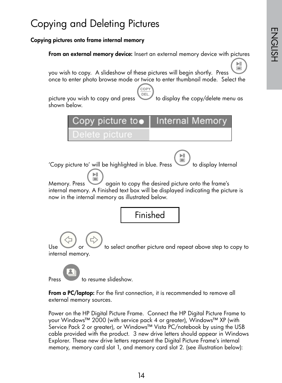 Copying and deleting pictures, English, Finished | HP DF770 User Manual | Page 15 / 356