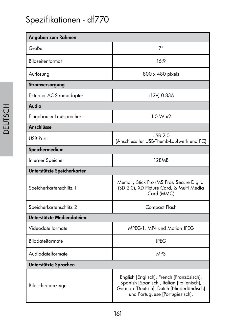 Spezifikationen - df770, Deutsch | HP DF770 User Manual | Page 162 / 356