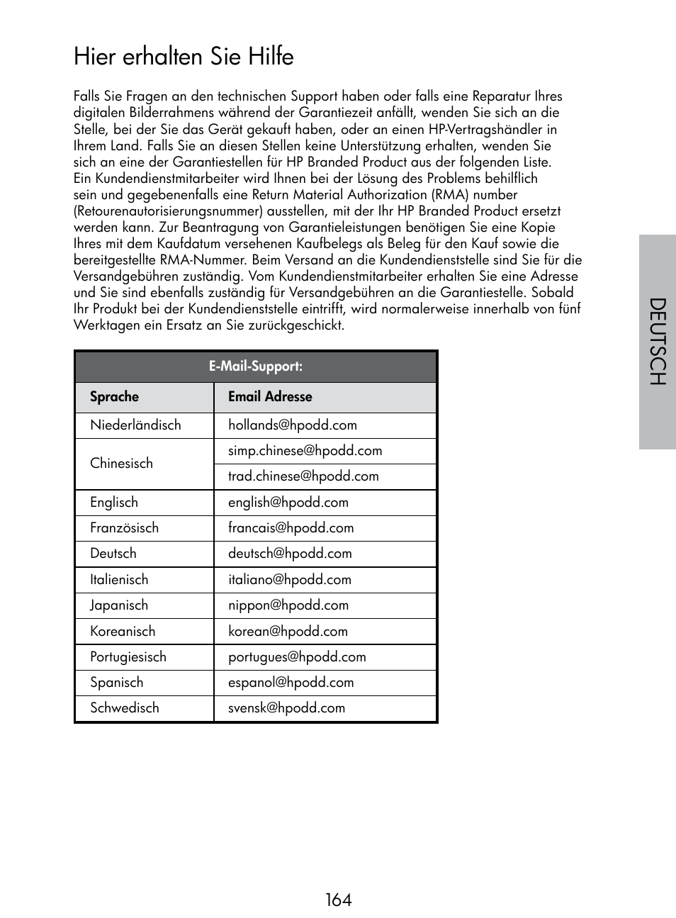 Hier erhalten sie hilfe, Deutsch | HP DF770 User Manual | Page 165 / 356