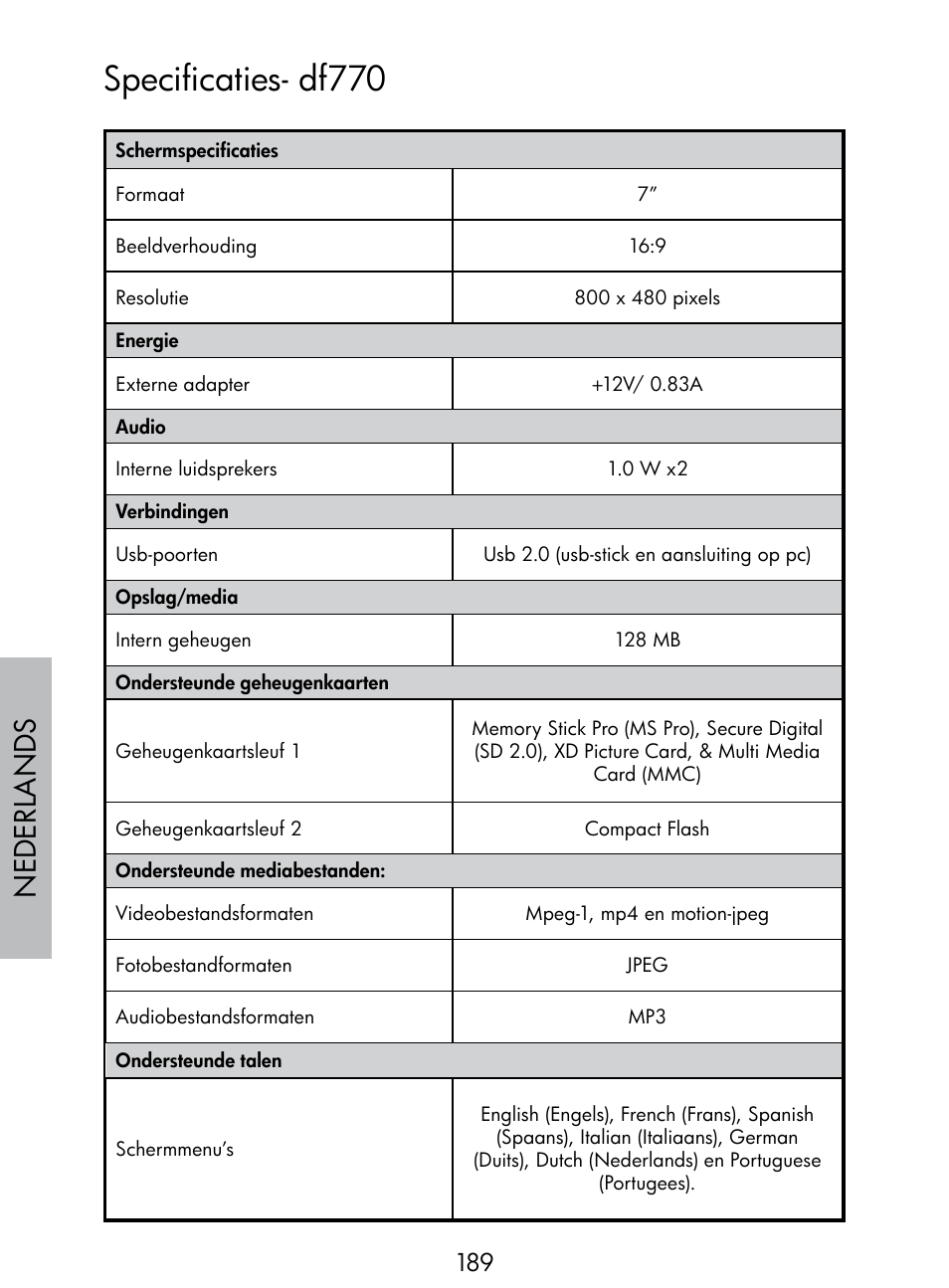 Specificaties- df770, Nede rlan d s | HP DF770 User Manual | Page 190 / 356