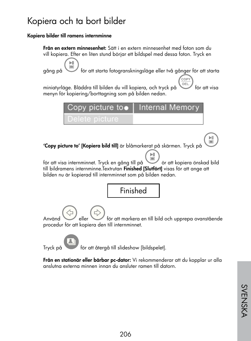 Kopiera och ta bort bilder, Sv enska, Finished | HP DF770 User Manual | Page 207 / 356