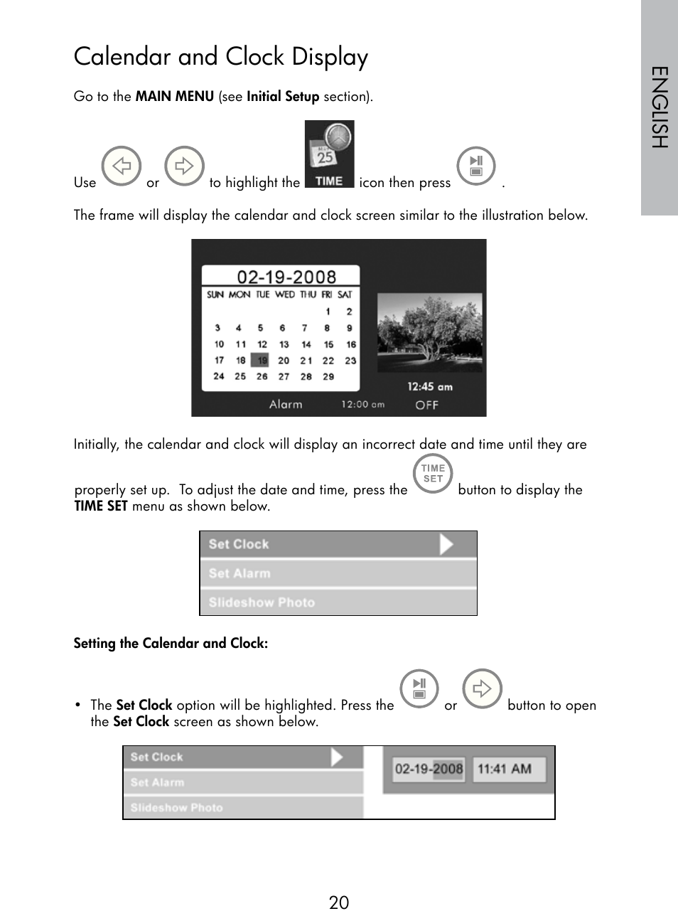 Calendar and clock display, English | HP DF770 User Manual | Page 21 / 356