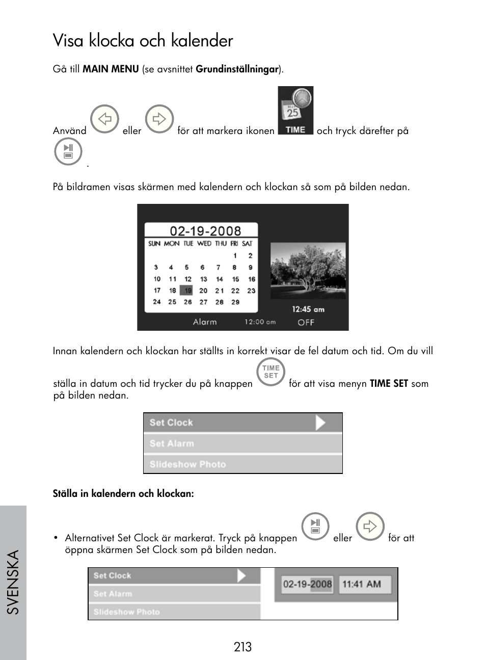 Visa klocka och kalender, Sv enska | HP DF770 User Manual | Page 214 / 356