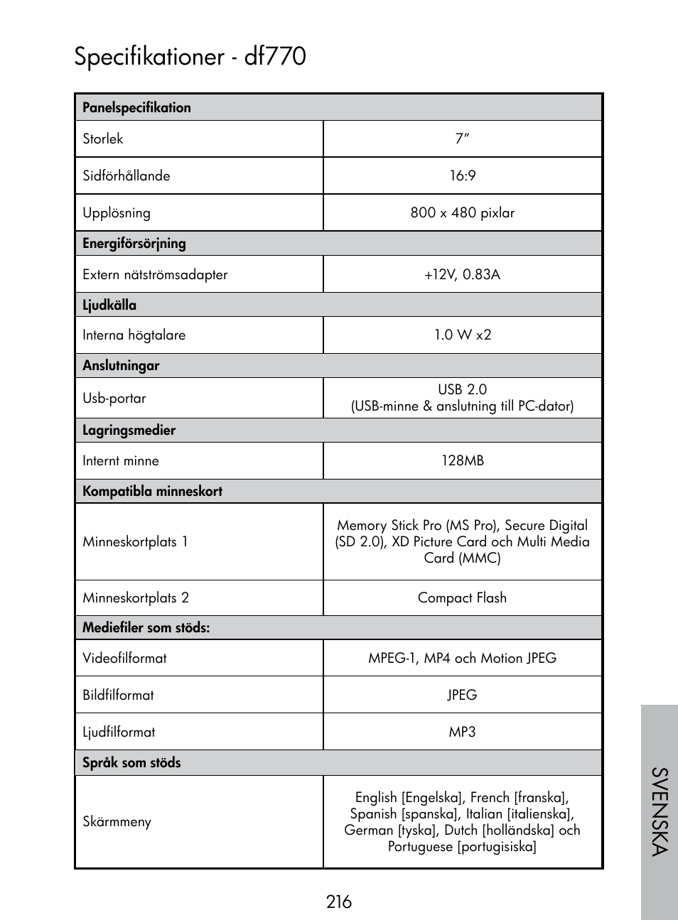 Specifikationer - df770, Sv enska | HP DF770 User Manual | Page 217 / 356