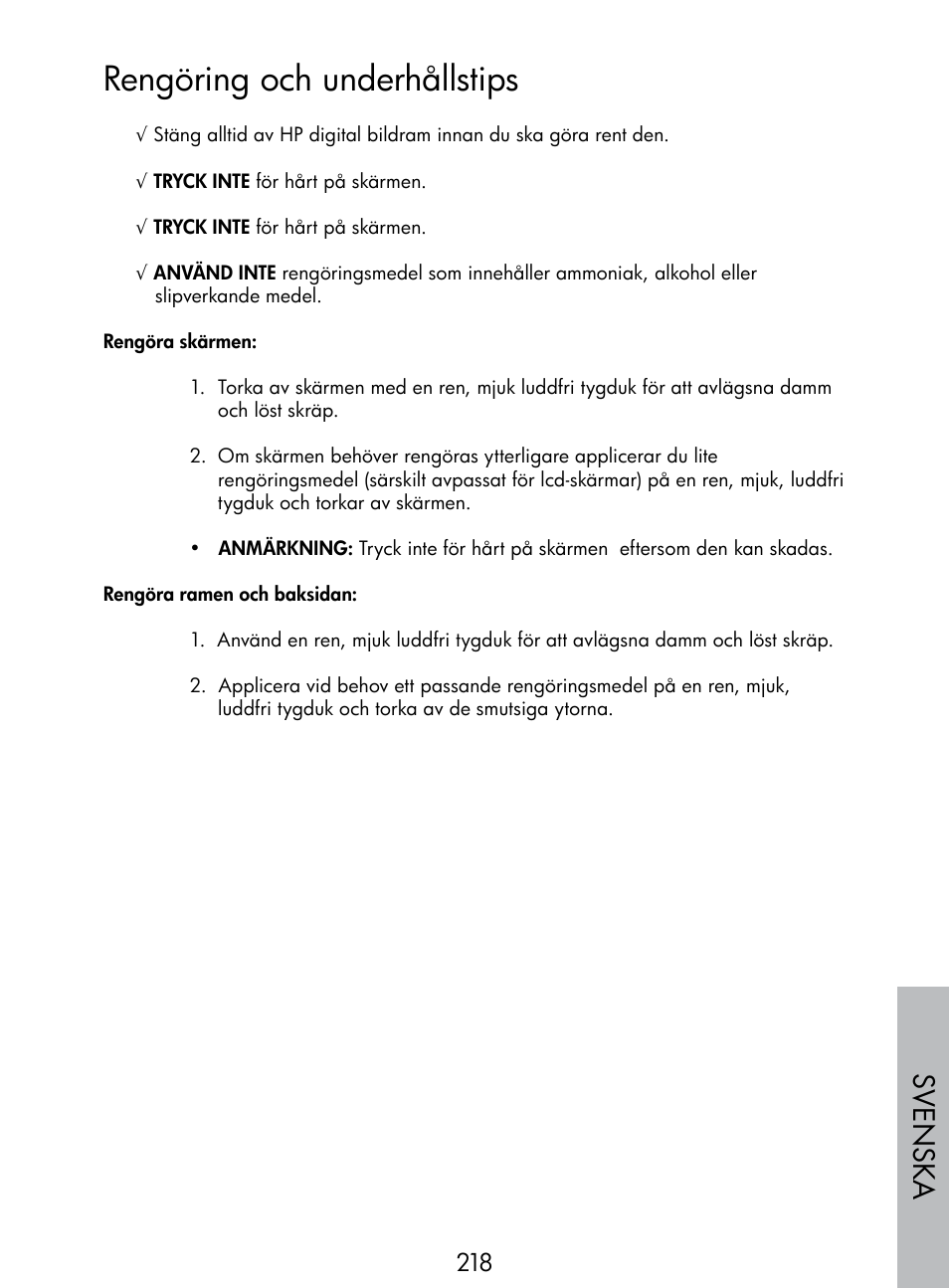 Rengöring och underhållstips, Sv enska | HP DF770 User Manual | Page 219 / 356