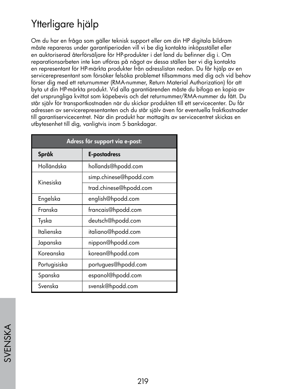 Ytterligare hjälp, Sv enska | HP DF770 User Manual | Page 220 / 356