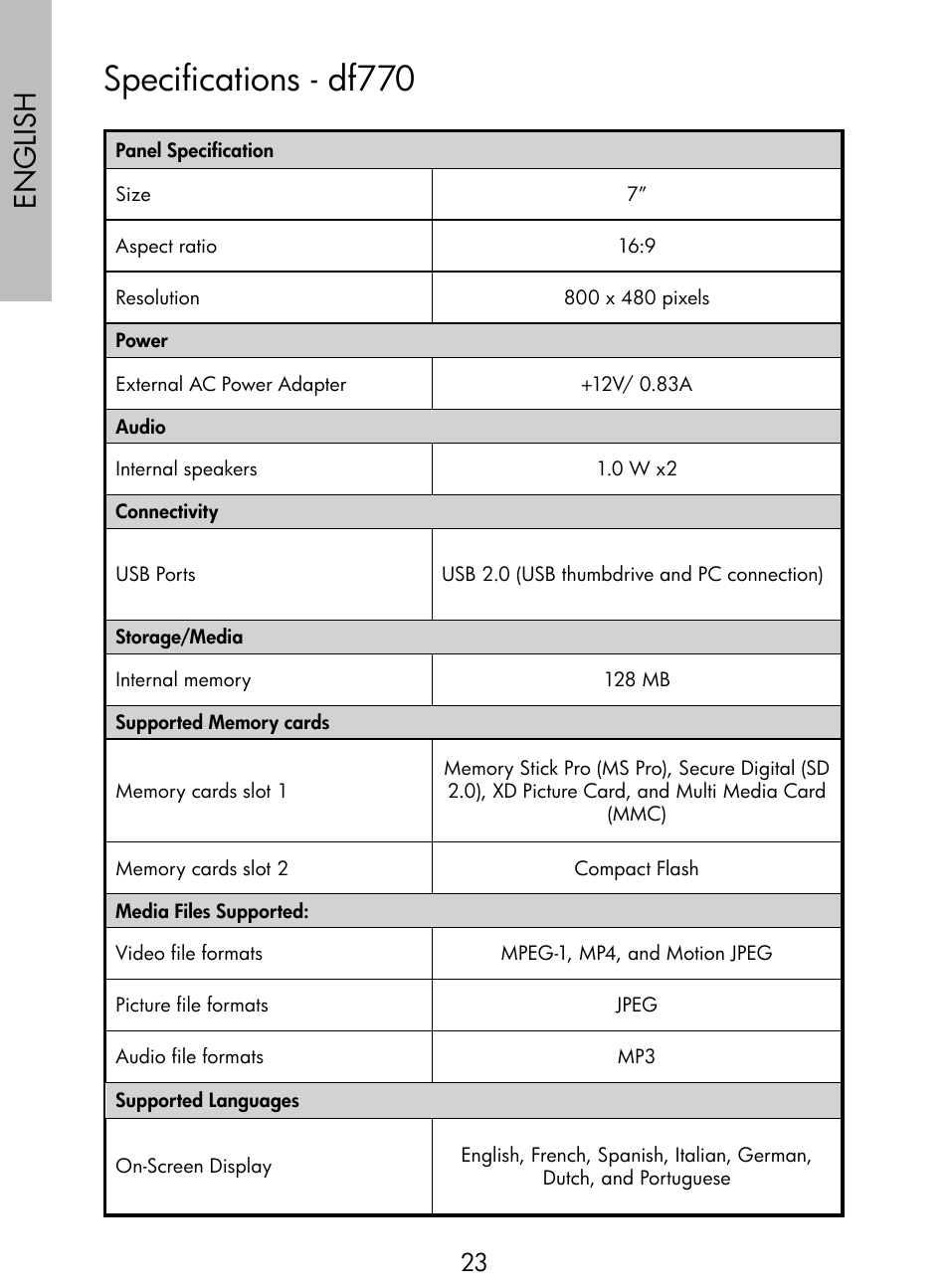 Specifications - df770, English | HP DF770 User Manual | Page 24 / 356