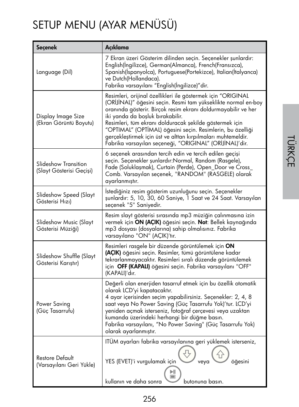 Setup menu (ayar menüsü), Türkç e | HP DF770 User Manual | Page 257 / 356