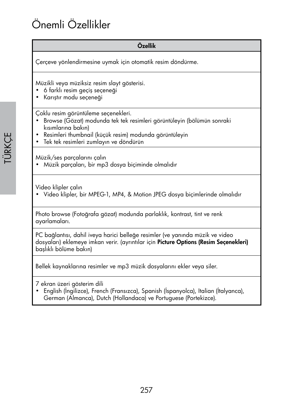 Önemli özellikler, Türkç e | HP DF770 User Manual | Page 258 / 356