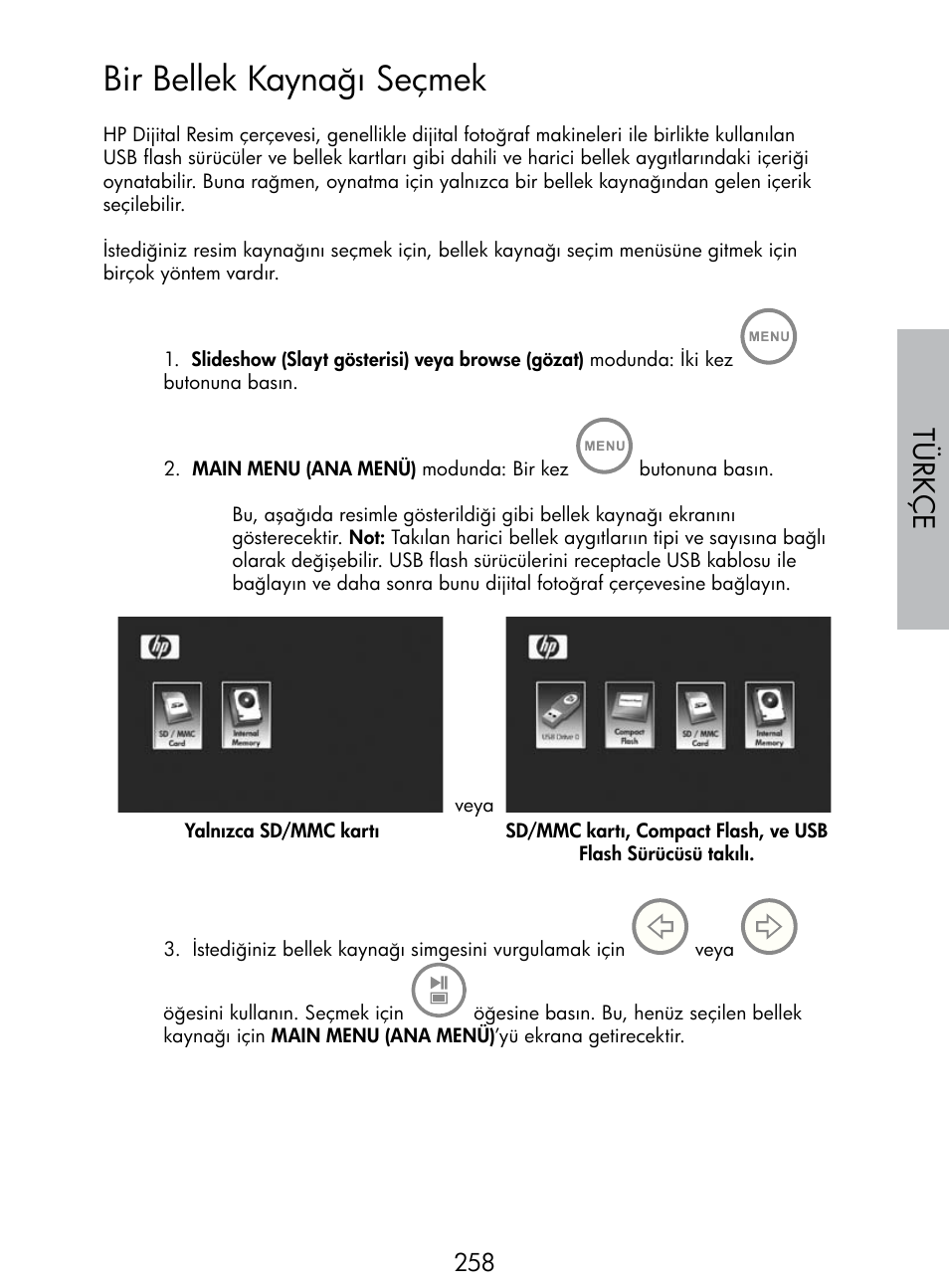 Bir bellek kaynağı seçmek, Türkç e | HP DF770 User Manual | Page 259 / 356