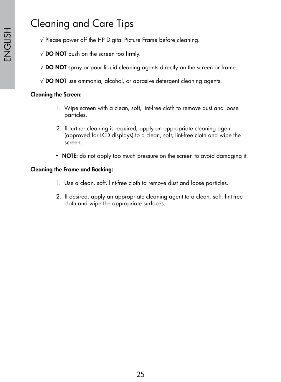 Cleaning and care tips, English | HP DF770 User Manual | Page 26 / 356