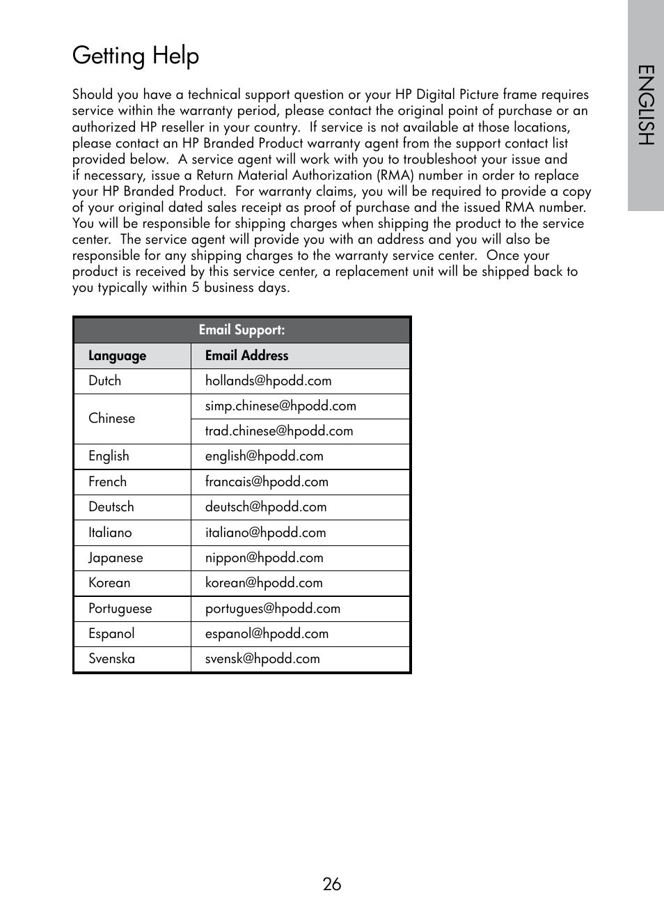Getting help, English | HP DF770 User Manual | Page 27 / 356