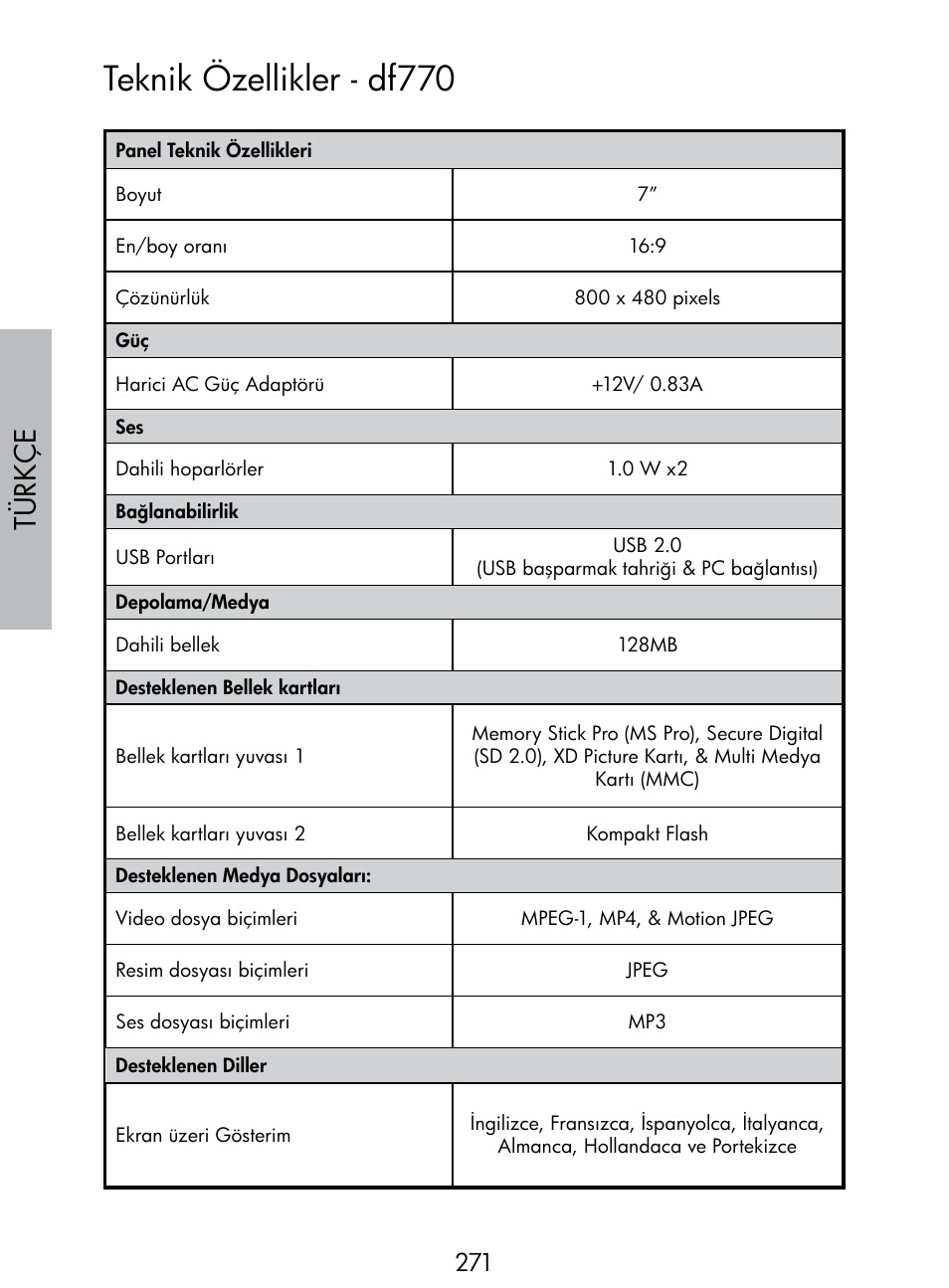 Teknik özellikler - df770, Türkç e | HP DF770 User Manual | Page 272 / 356