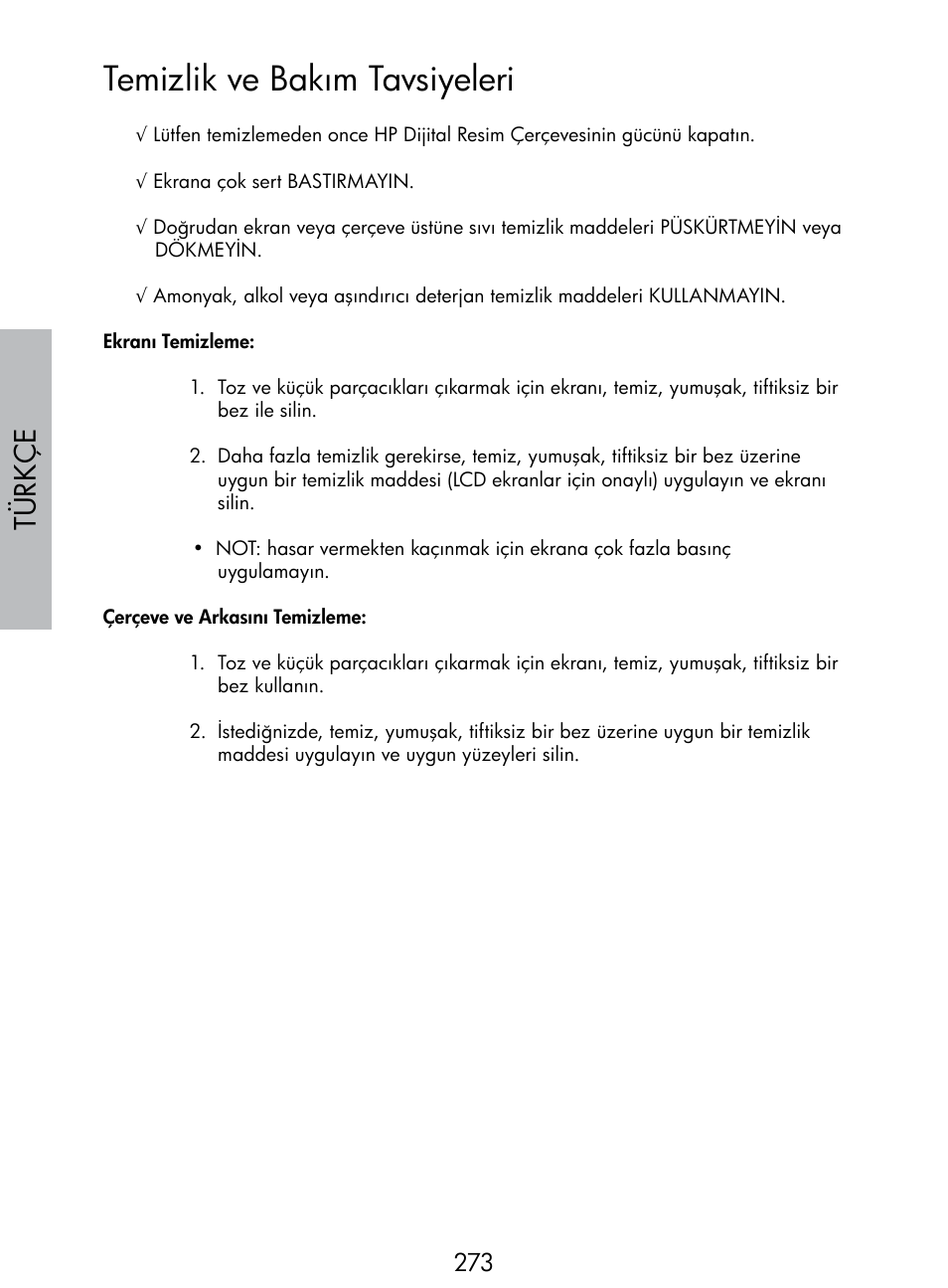 Temizlik ve bakım tavsiyeleri, Türkç e | HP DF770 User Manual | Page 274 / 356