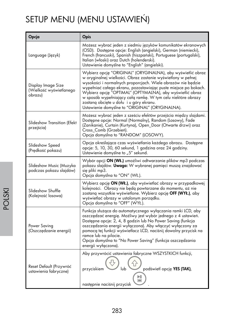 Setup menu (menu ustawień), Polski | HP DF770 User Manual | Page 284 / 356