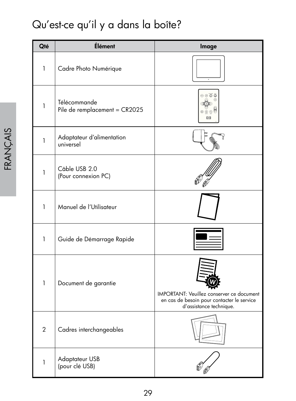 Qu’est-ce qu’il y a dans la boîte, Français | HP DF770 User Manual | Page 30 / 356