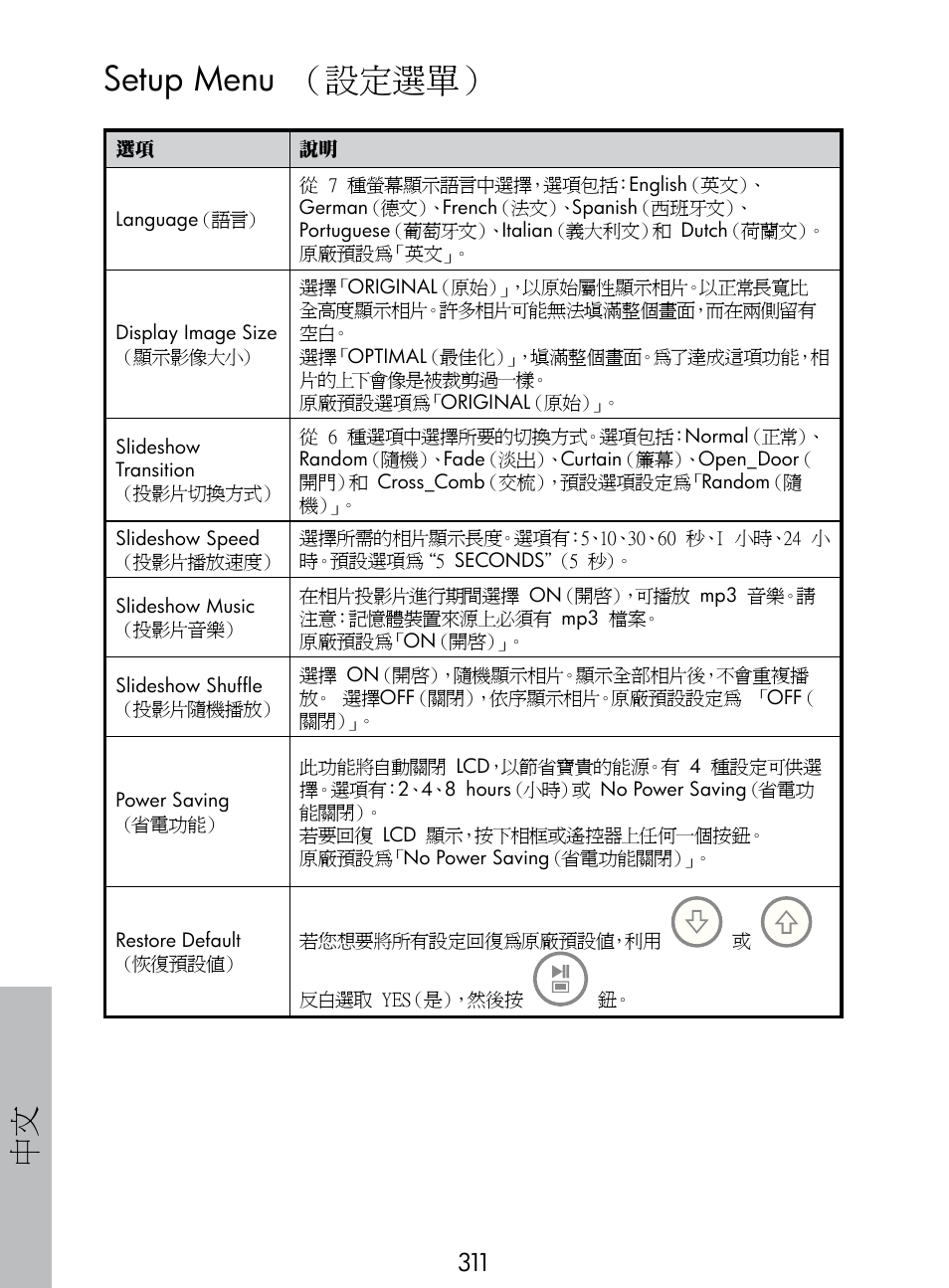 Setup menu （設定選單 | HP DF770 User Manual | Page 312 / 356