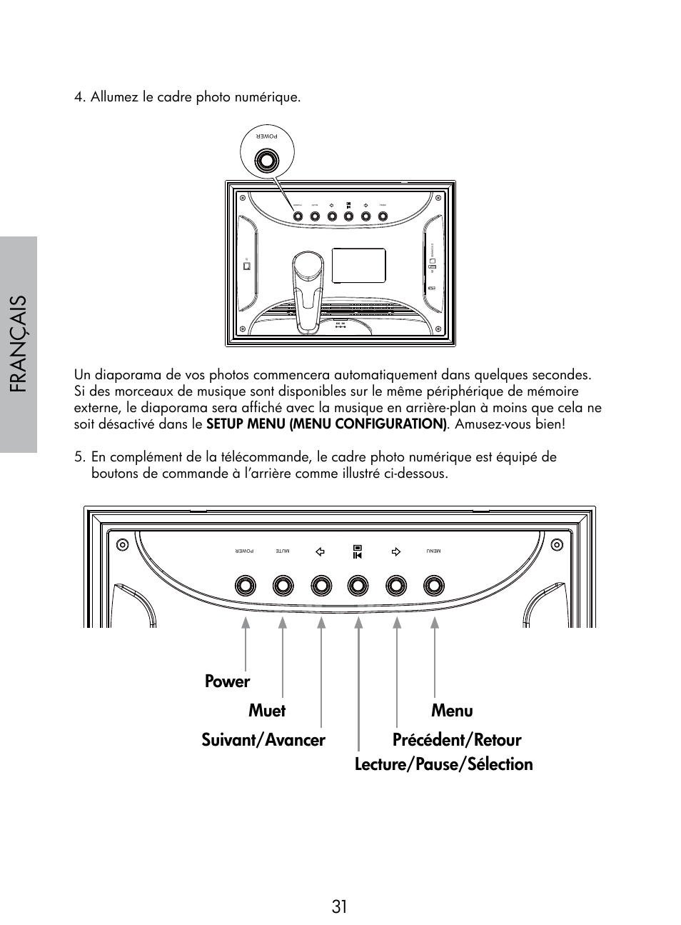 Français, Allumez le cadre photo numérique | HP DF770 User Manual | Page 32 / 356