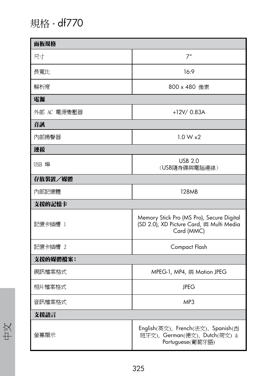 規格 - df770 | HP DF770 User Manual | Page 326 / 356