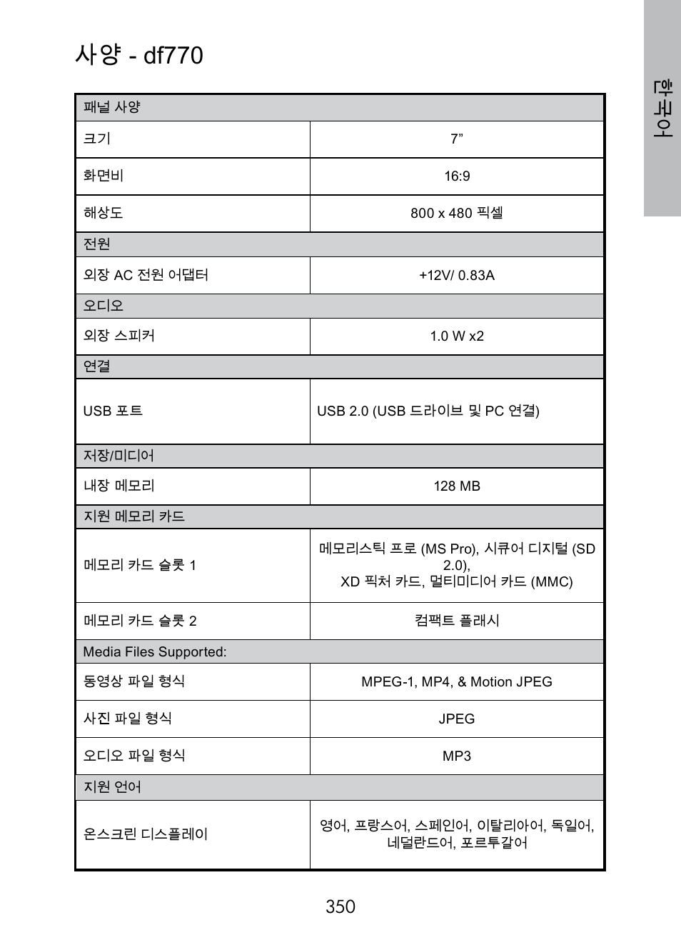 사양 - df770 | HP DF770 User Manual | Page 351 / 356