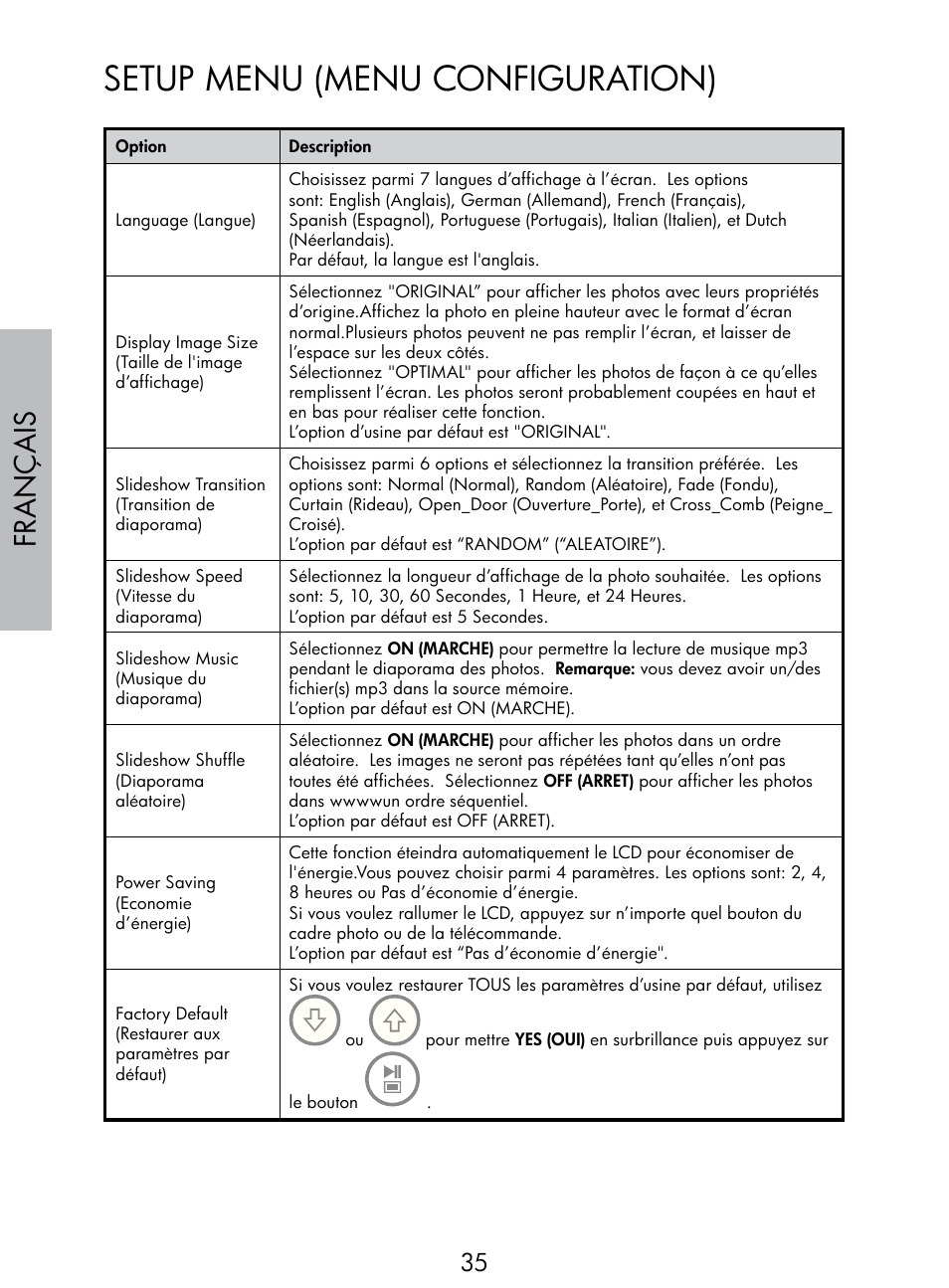 Setup menu (menu configuration), Français | HP DF770 User Manual | Page 36 / 356