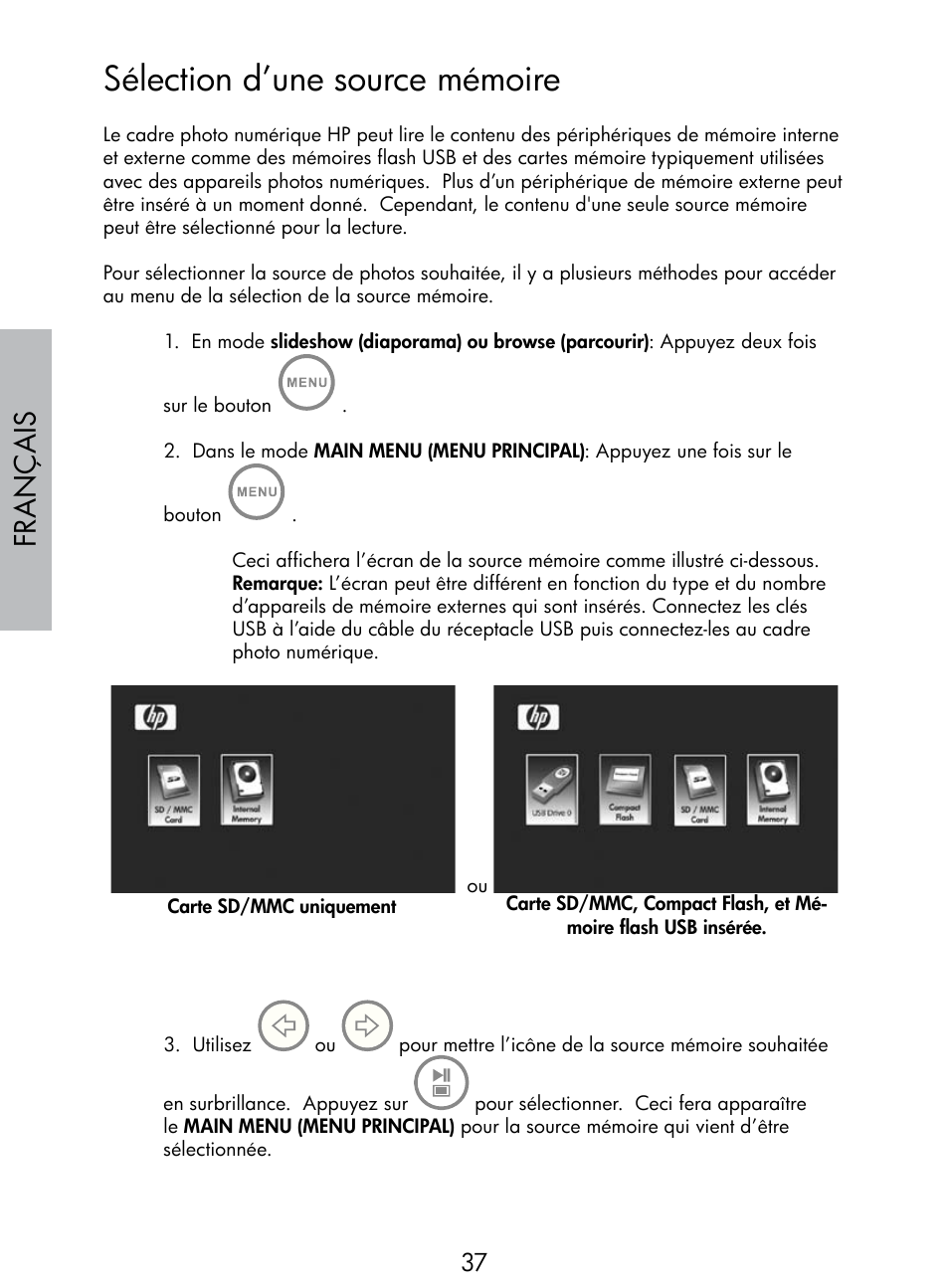 Sélection d’une source mémoire, Français | HP DF770 User Manual | Page 38 / 356