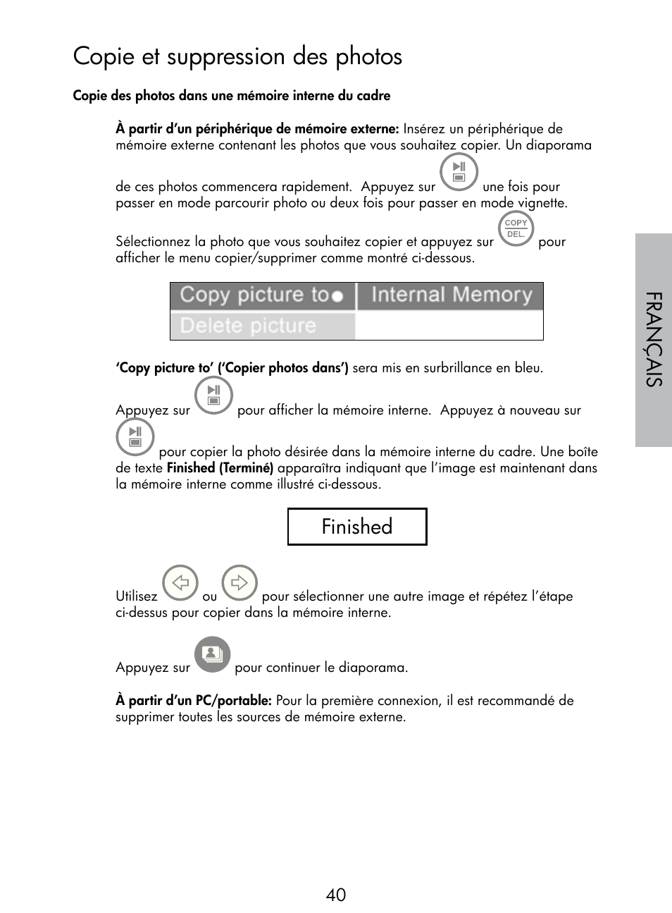 Copie et suppression des photos, Français, Finished | HP DF770 User Manual | Page 41 / 356