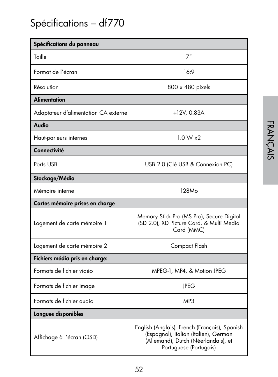 Spécifications – df770, Français | HP DF770 User Manual | Page 53 / 356