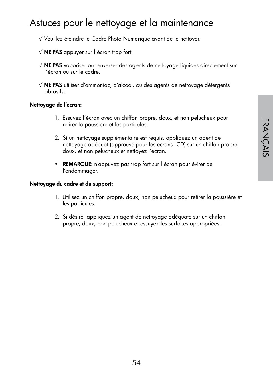 Astuces pour le nettoyage et la maintenance, Français | HP DF770 User Manual | Page 55 / 356