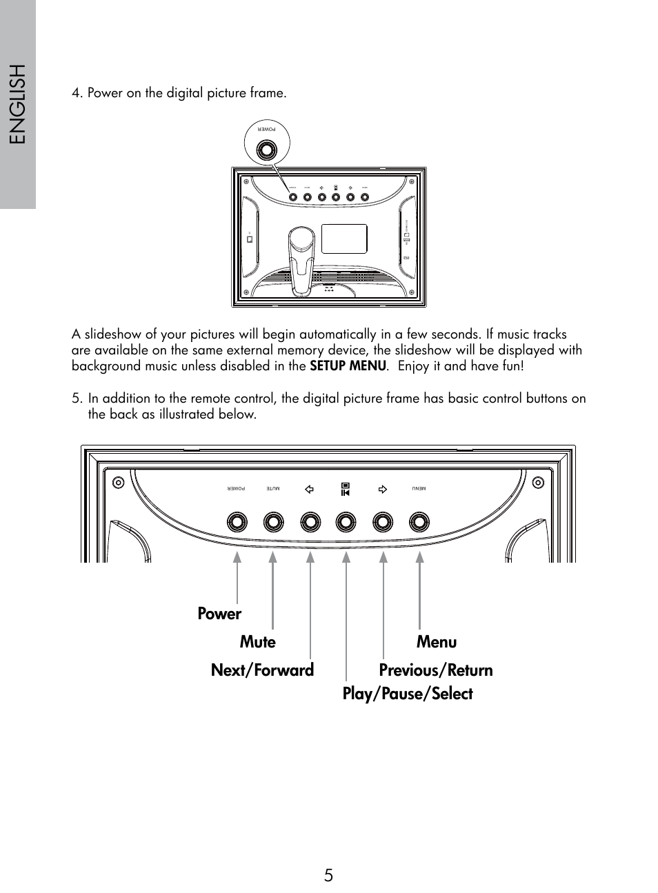 English, Power on the digital picture frame | HP DF770 User Manual | Page 6 / 356