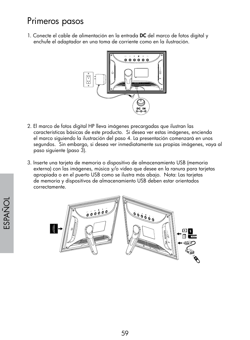 Primeros pasos, Esp añol, Po we r mu te me nu | HP DF770 User Manual | Page 60 / 356