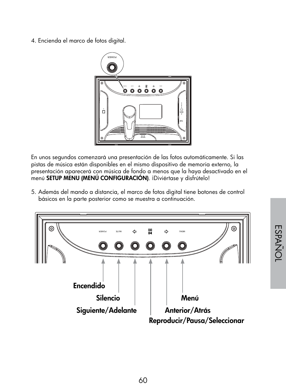 Esp añol, Encienda el marco de fotos digital | HP DF770 User Manual | Page 61 / 356