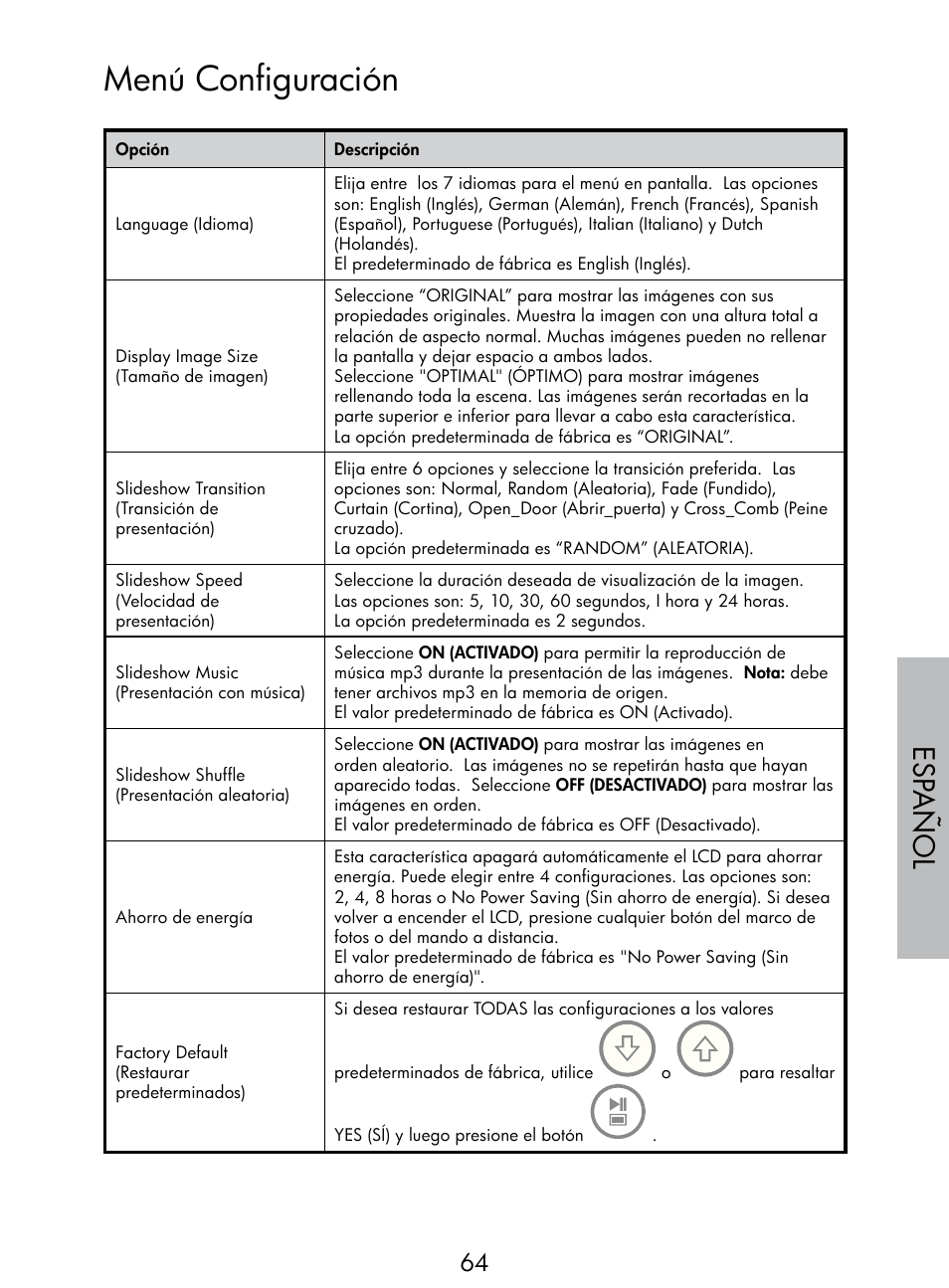 Menú configuración, Esp añol | HP DF770 User Manual | Page 65 / 356