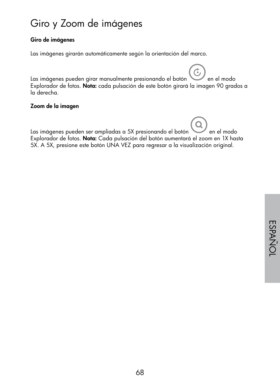 Giro y zoom de imágenes, Esp añol | HP DF770 User Manual | Page 69 / 356