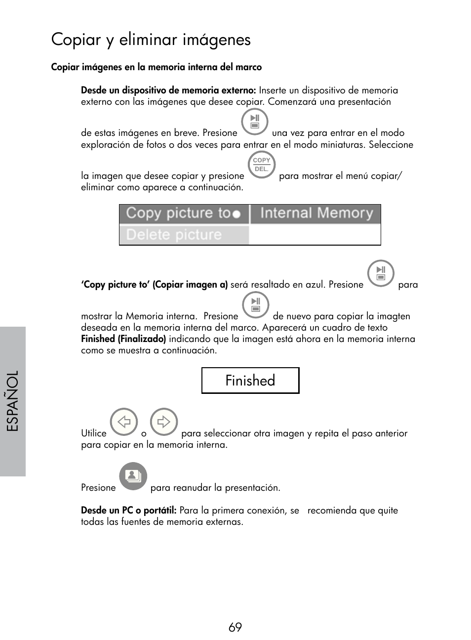 Copiar y eliminar imágenes, Esp añol, Finished | HP DF770 User Manual | Page 70 / 356